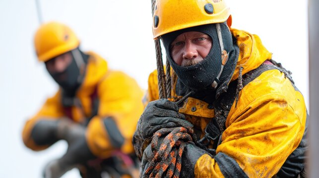 Two climbers in bright gear brave the elements while working diligently. Their focus and determination highlight the spirit of teamwork and resilience in challenging conditions. - Powered by Adobe