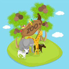 3D Isometric Flat Vector Illustration of Zoo, Cartoon Style Banner With Forest Background © TarikVision