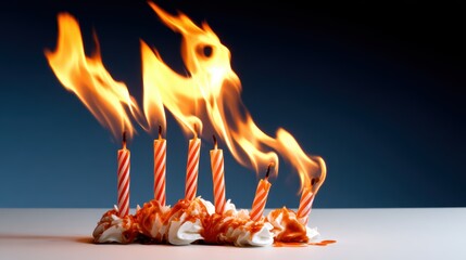 A visually stunning image depicting colorful birthday candles ablaze on a cake topped with whipped cream and a syrupy drizzle, symbolizing celebration and excitement.