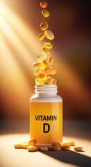 Yellow bottle filled with vitamin D pills, supplements falling out, golden light beams, blurred background, close-up, medical health