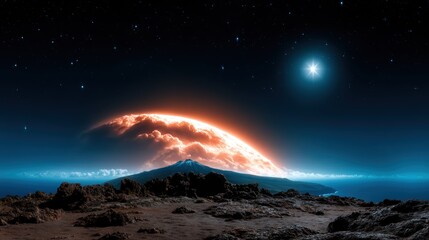 A breathtaking cosmic landscape featuring a glowing planet on the horizon, with a volcanic island and tranquil sea underscored by a starry night sky capturing the viewer's imagination.