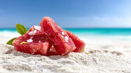 A close-up of fresh watermelon slices sprinkled with salt on a sunlit sandy beach, evoking summer vibes, refreshment, and the joy of simple pleasures by the sea.