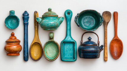 Set of vintage ceramic kitchen tools retro cooking equipment isolated on a white background. Panoramic wide-view collage.
