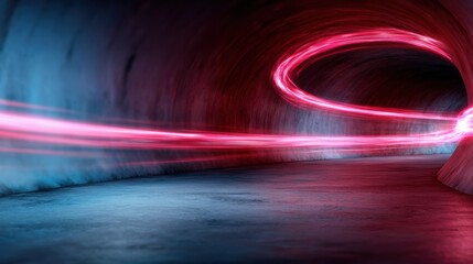 A vibrant abstract tunnel radiates with colorful light trails that swirls and bends, creating a sense of movement and energy in an artistic and modern interpretation.