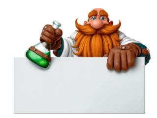 Bearded character holding flask with blank board for custom message