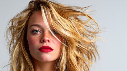 Fototapeta premium An alluring close-up of a stunning young woman with flowing blonde hair and bold red lips captures confidence and allure, showcasing her beauty and strength.
