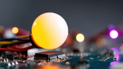 An artistic close-up image showcasing a circuit board integrated with glowing lights, symbolizing the fusion of technology and creativity in a digital era.