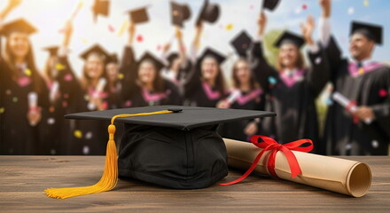 Shiny black graduation cap, golden tassel, coiled parchment with red ribbon rests on wood. Cheerful graduates celebrating, tossing mortarboards, confetti flying under bright sky.