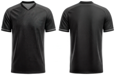 A sleek, modern, athletic-style black and grey short-sleeved jersey shirt, crafted from a textured, breathable performance fabric, displayed in a front and back, isolated on transparent background.