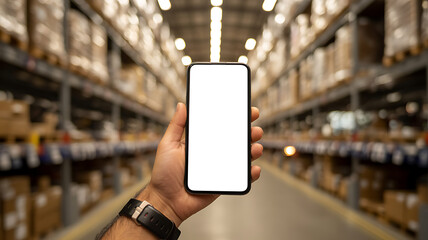 First person point of view of a hand holding a smartphone with blank white screen mockup in large distribution warehouse for logistics management and inventory app concept