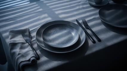 Elegant dinner table set with modern plates and soft shadows in tranquil blue light
