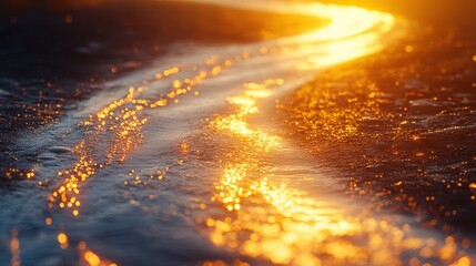 Asphalt road shimmering with sunset light 
