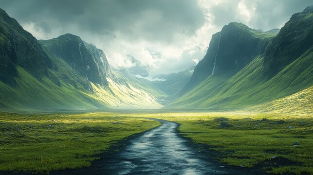 Asphalt road meandering through valley of green mountains, sunset tones