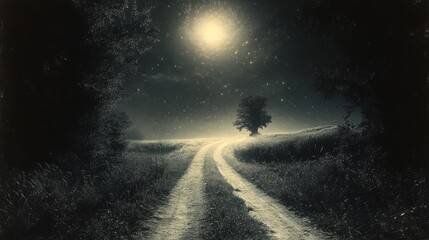 Empty road stretching toward glowing horizon, surrounded by nature