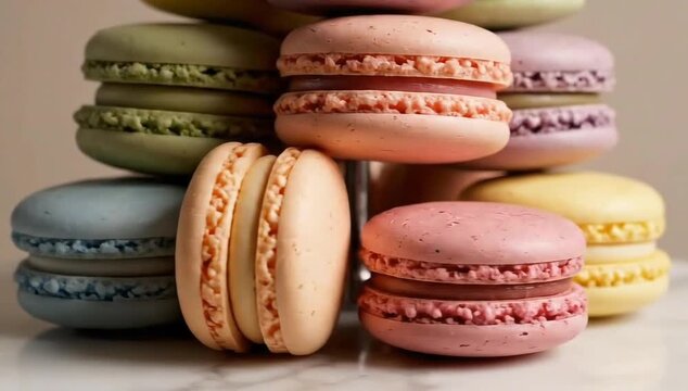 Elegant rotating shot of pastel macarons stacked neatly