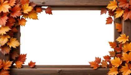 Autumn leaves frame with rustic wood border and black background