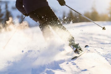 Close-up of skier kicking up snow on sunny winter slope