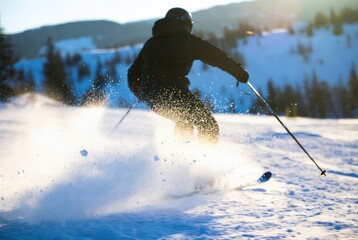 Skier in black outfit skiing downhill on snowy slope at sunset