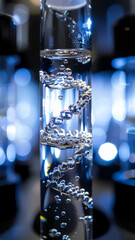 A Helix of Silver Bubbles Suspended in Clear Liquid with Futuristic Laboratory Lighting