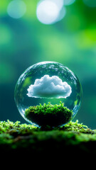 A Miniature Cloud Floating Above Moss in a Glass Sphere within a Vibrant Green Forest Background