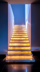 A Modern Staircase Illuminated by Warm Backlit Marble Steps Leading into a Blue Interior Space
