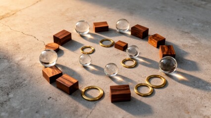 Creative arrangement of glass and wood objects creating a mesmerizing display on a sunlit surface