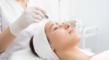 Naklejka premium Woman cosmetologist applying serum to client face with dropper. Skincare treatment procedure at beauty salon. Facial care for cosmetology.