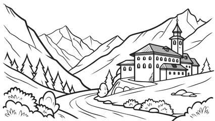 Scenic Alpine Valley with Traditional Building and Winding Road - Black and White Line Art Illustration
