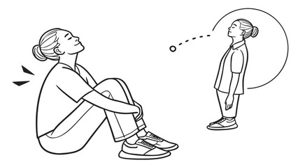 Obraz premium Mindful woman in contemplation, child in wonder. Line art illustration of peace, imagination, and memory.