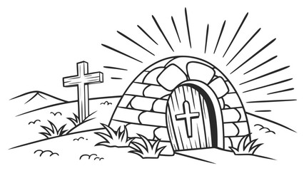 Naklejka premium Easter Empty Tomb with Cross and Radiant Light Line Art Illustration