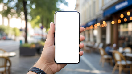 First person point of view of a hand holding a smartphone with a blank white mockup screen on a sunny city street with a blurred outdoor cafe and sidewalk terrace in the background