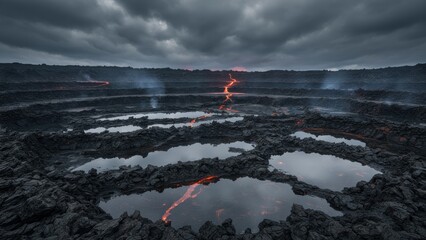 Lava flows illuminate the stark beauty of a volcanic landscape under a moody sky