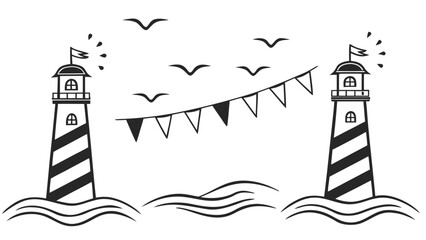 Nautical Lighthouses with Bunting and Flying Birds Vector Illustration