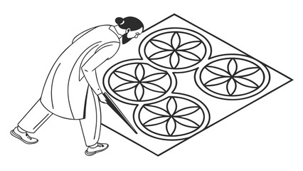Fototapeta premium Man crafting sacred geometry patterns, Flower of Life design, spiritual art, line drawing illustration