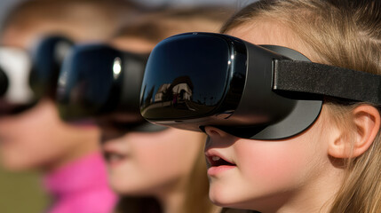 Children wearing virtual reality headset outdoors exploring immersive educational game with