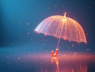Transparent umbrella illuminated from inside with falling sparks in a dark blue background