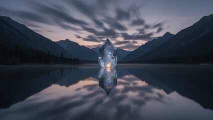Reflective ice sculpture shines at twilight over serene mountain lake