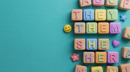 Wooden alphabet blocks spelling gender pronouns on blue background