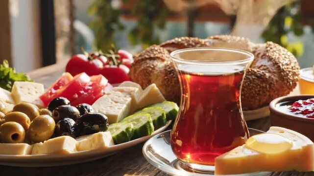 Breakfast spread with tea bread and fruits natural daylight food photography