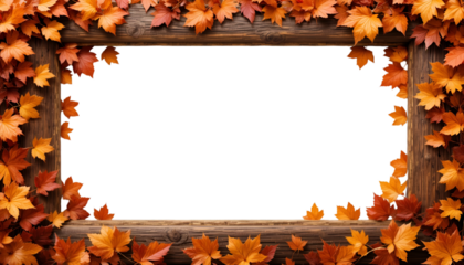Autumn leaves frame with rustic wood border and black background
