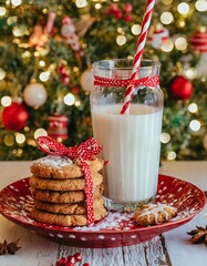 Collection of photos capturing Christmas Eve anticipation with a vintage glass of milk and striped straw, gooey chocolate chip cookie on a ceramic plate, golden ambiance