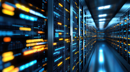 Futuristic glowing server racks in high tech data center corridor with blue and orange lighting