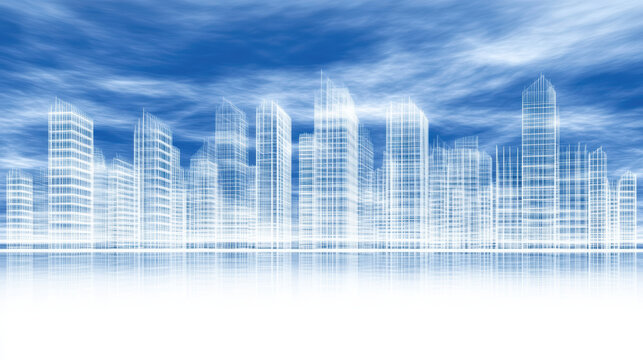 Futuristic crystalline skyline glowing against blue sky, reflective water and serene atmosphere