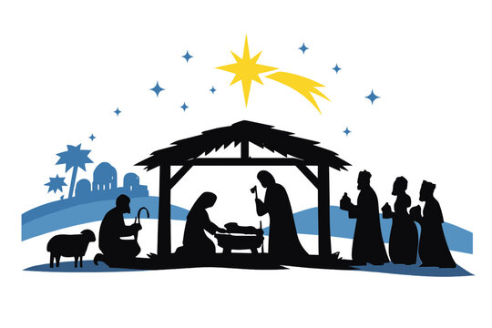 A silhouette of the nativity scene shows Jesus in the manger with shepherds and wise men, while the Christmas story portrays Mary, Joseph, and baby Jesus in a nursery, depicting Christ's birth under