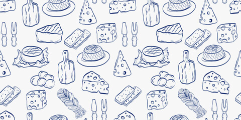 Seamless cheese pattern with assorted cheese types, boards and tableware elements on a light background, creating a detailed food design for packaging, menus, textiles and kitchen decor