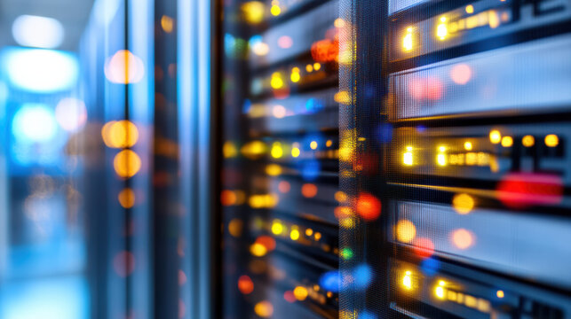 Futuristic server rack with cascading LED lights and warm bokeh glow, high tech atmosphere - Powered by Adobe
