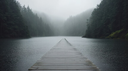 Misty lakeside dock extending into calm water toward forested mountains, serene and moody