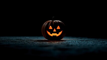 A single glowing Jack o' Lantern, illuminated against a dark background, sits on a textured surface. The orange light reveals the carved face