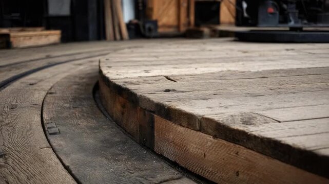 Close-up of a wooden circular turntable with a curved metal rail, reminiscent of an old locomotive roundhouse floor.