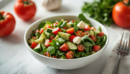 Fresh green salad with cherry tomato cucumber basil and mozzarella, bright healthy meal
